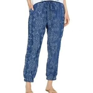 Johnny Was Pete & Greta Nina Embroidered Chambray Joggers S Blue Crop Pockets